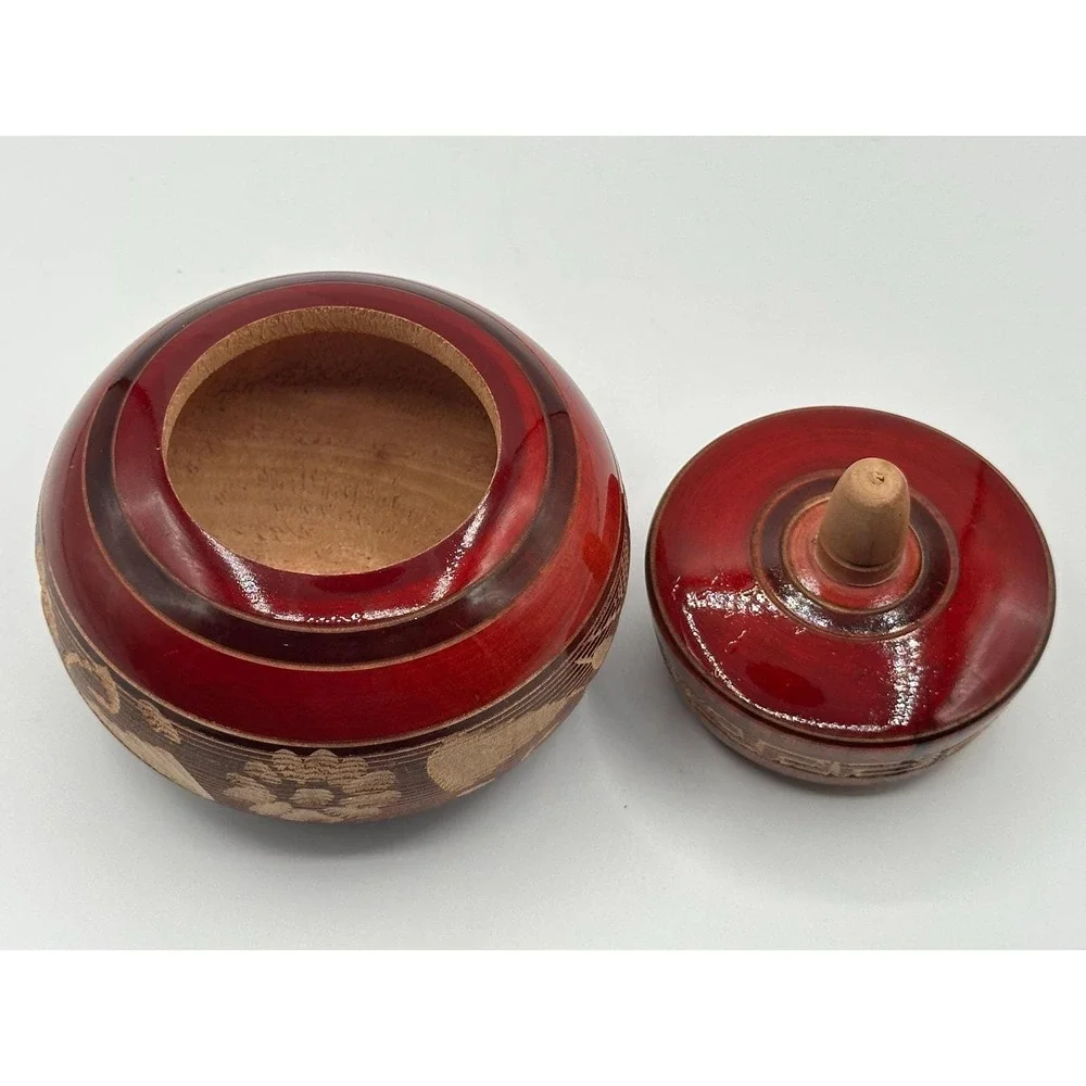 Vintage Mexican Hand Carved Red Wooden Round Trinket Box Cabo San Lucas
